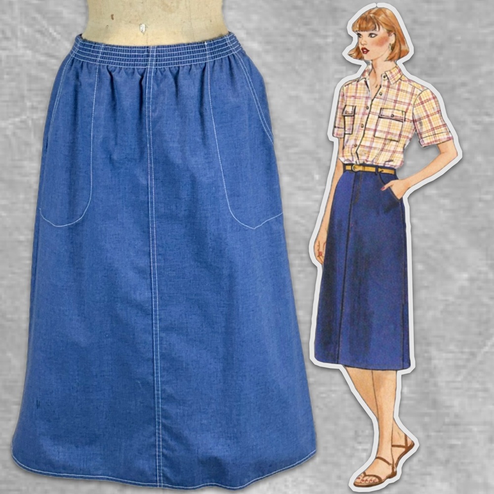 VINTAGE denim blue‎ midi skirt elastic pull on waist midi contrasting stitch 70s
